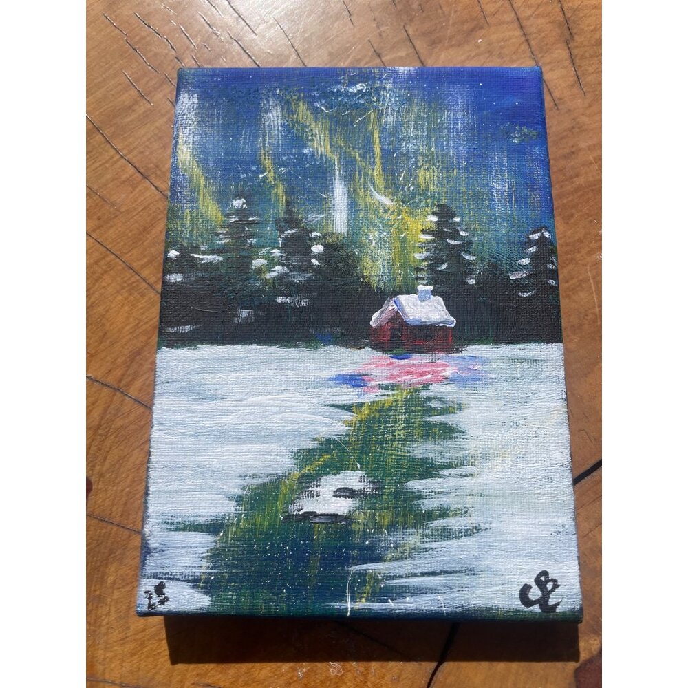 Aurora Borealis Winter Scene Hand-Painted Canvas Art 5"x7" Miniature - Picture 3 of 3